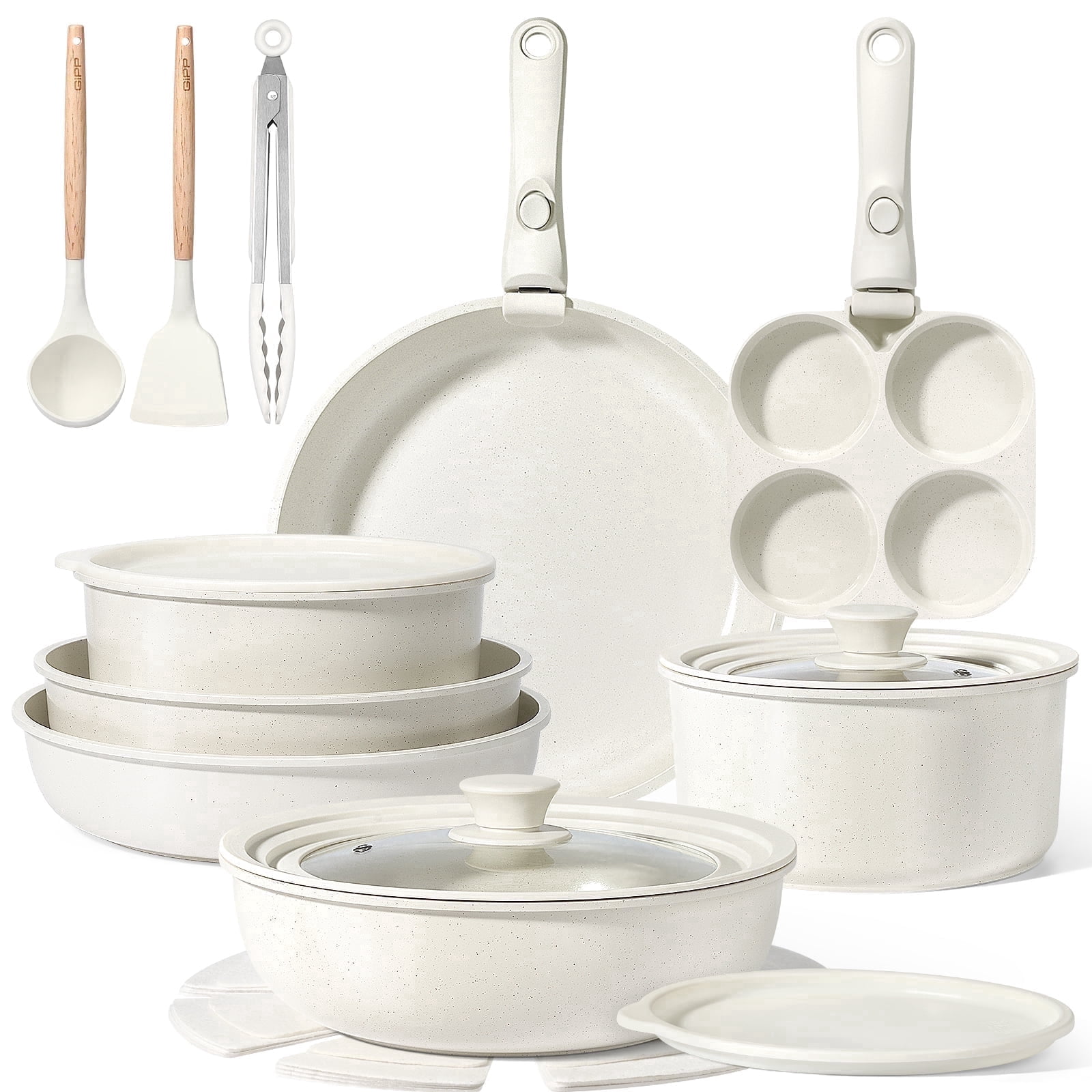 Gipp Large Size 21 Piece Ceramic Pots and Pans Set Non Stick,with 12 inch Frying Pan,Cookware Set with Detachable Handles, Safe for Ovens and Dishwashers,Induction Cookers RV Kitchen