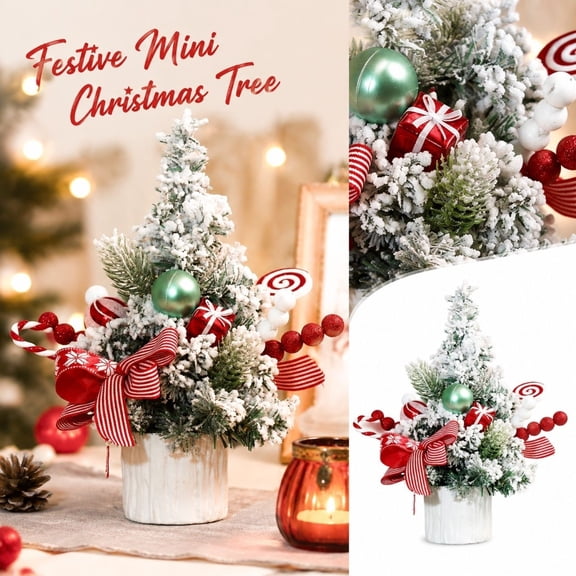 GIPQJK 11.8 Inch Mini Artificial Christmas Tree, Pre-Decorated Snowy Tabletop Xmas Decor with Candy Cane Red Bow Berries, Small Holiday Centerpiece for Home Office Desk