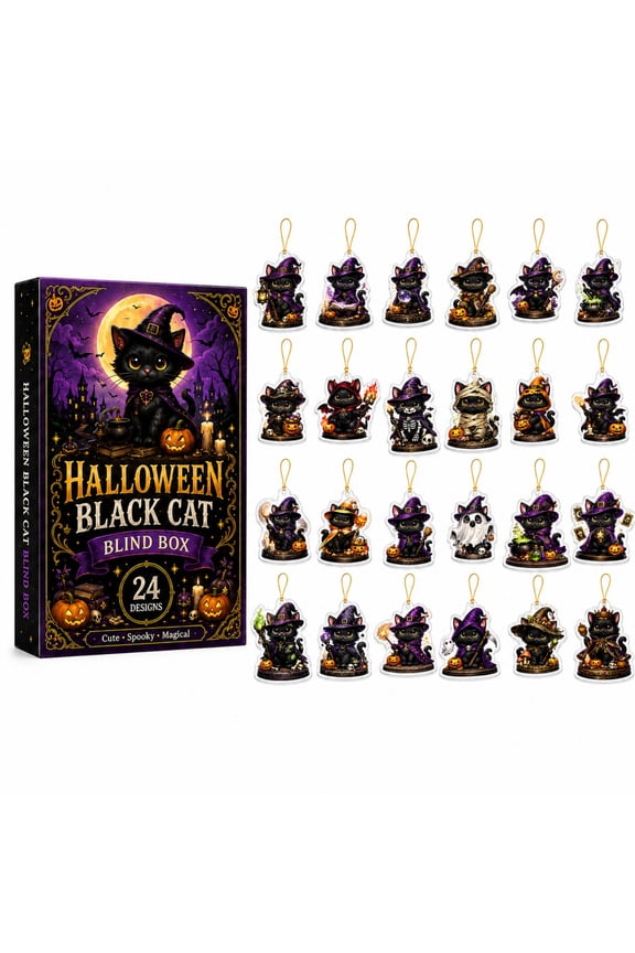 2D Acrylic Keychain Charm Halloween Black Cat Wizard Pendant with Rope and Box, Cute Gothic Hanging Ornament for Bag Car Keys, Holiday Gift Calendar Decor black