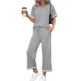 thumbnail image 1 of GIPQJK 2pcs Women Lounge Set Short Sleeve Crew Neck Casual Clothing Drawstring Striped Wide Legs Trousers Summer Solid Color Loungewear,Light Gray L, 1 of 6