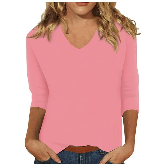 GIPQJK 3/4 Sleeve Tops for Women Casual Solid Color Crewneck T Shirts Loose Fit Solid Three Quarter Length Tunic Top Pink L