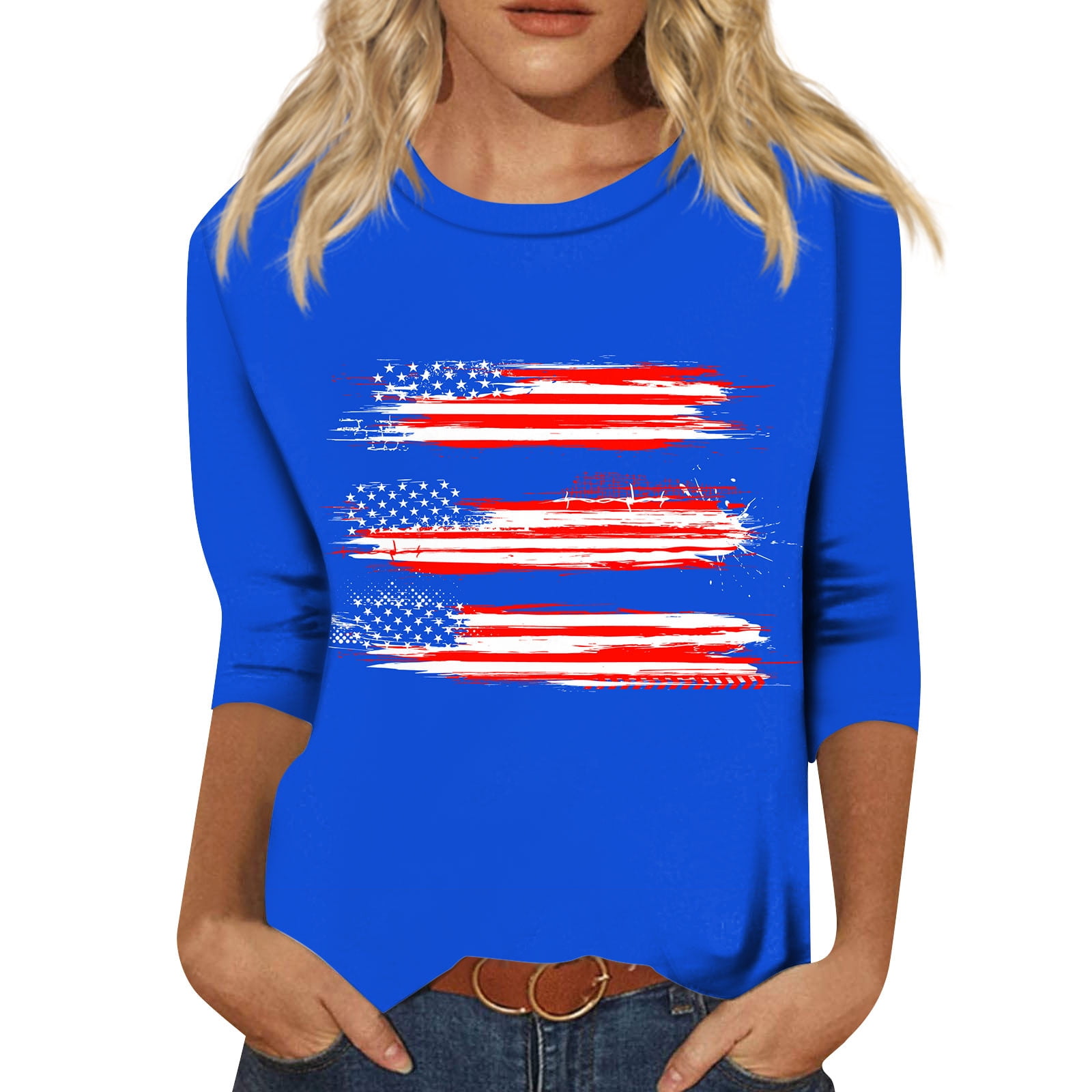 Gipqjk 4th Of July 3 4 Sleeve T Shirts For Women American Flag Stars Stripes Shirts Patriotic