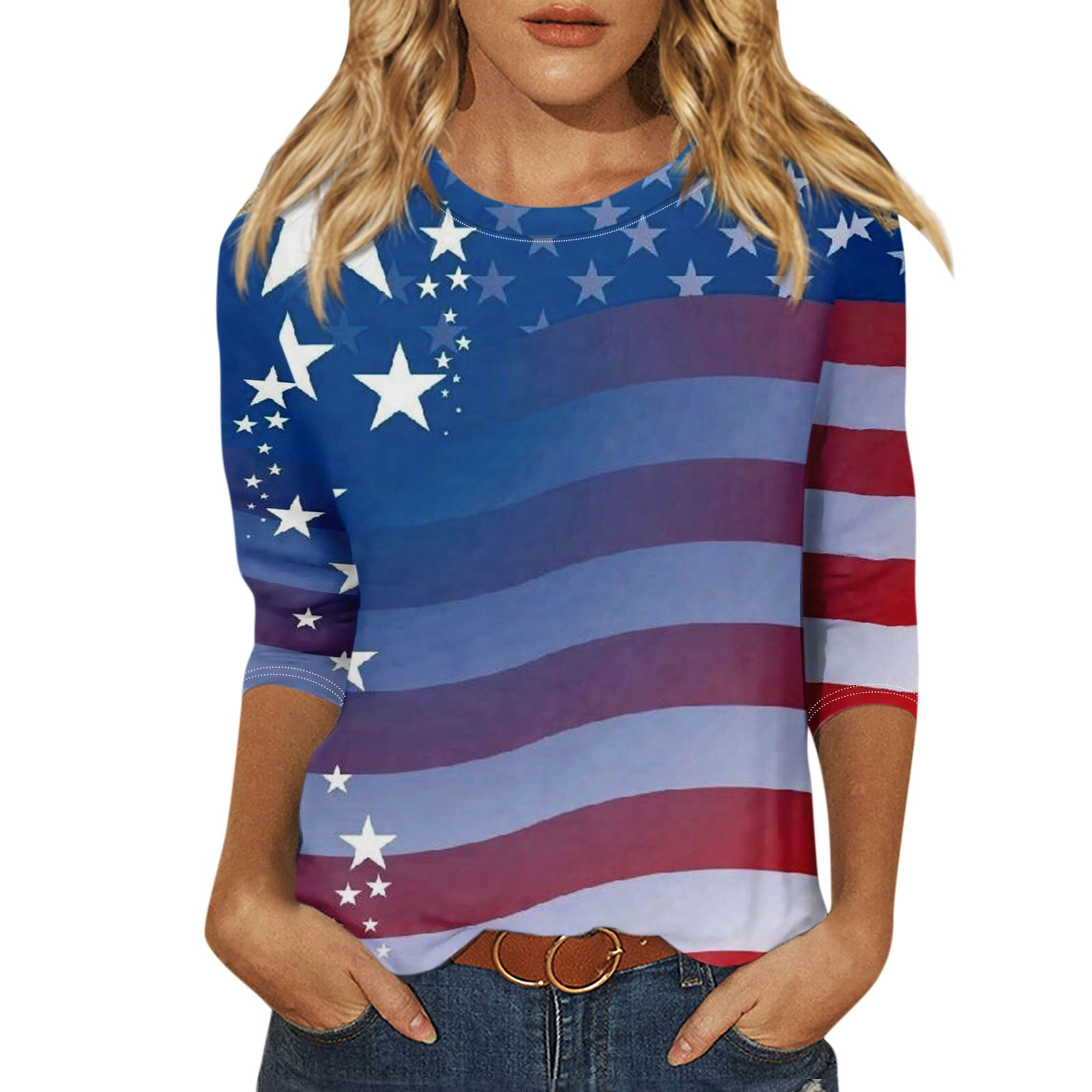 Gipqjk 4th Of July 3 4 Sleeve T Shirts For Women American Flag Stars Stripes Shirts Three