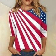 XDDLITP 4th of July Workout Shirts Women Trendy Patriotic Shirts 3/4 Length Sleeve Scoop Neck Workout Tops for Women USA Stripes Print Blouses for Women Dressy Casual Clothes for Women