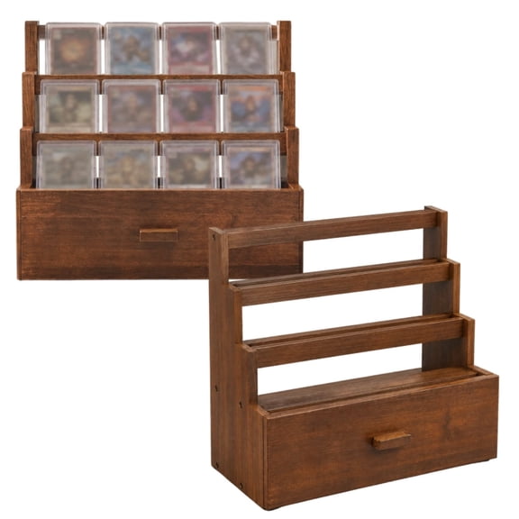 GIPQJK 5-Tier Wooden Card Display Stand with Drawer – Rustic Stepped Organizer for Sports Cards, Postcards & Bookmarks, Sturdy Desktop Collector Rack for Home, Craft Shows & Retail