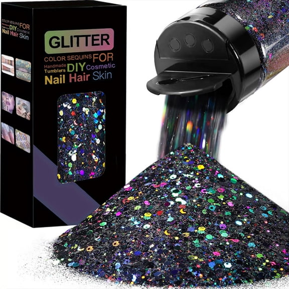 GIPQJK 50g Black Holographic Glitter Powder, Laser Coarse PET Fine Sparkle for Face Eyes Nails Slime Epoxy Resin DIY Crafts Halloween Christmas Decor Black