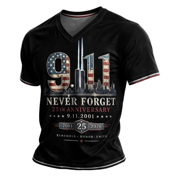 GIPQJK 9/11 25th Anniversary Commemorative T-Shirt for Unisex American Flag Shirts V Neck Short Sleeve T-Shirt Vintage 911 Memorial 25th Anniversary Tees,Black S