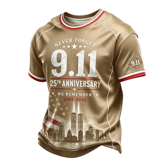 GIPQJK 911 Never Forget 25th Anniversary Commemorative T Shirts for Unisex American Flag Shirt Crewneck Short Sleeve T-Shirt 911 Memorial Patriotic We Will Never Forget Top,Khaki 3XL