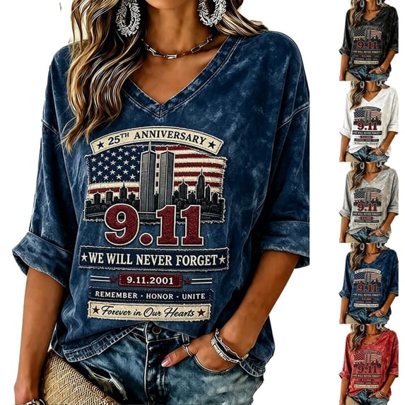 GIPQJK 911 Never Forget 25th Anniversary Commemorative T Shirts for Women American Flag Shirt V Neck 3/4 Sleeve Tshirts 911 Memorial Patriotic We Will Never Forget Tees,Black L