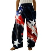 GIPQJK American Flag Women Summer High Waisted Cotton Linen Palazzo Pants 4th of July Wide Leg Long Lounge Pant Trousers with Pocket Black XXXL