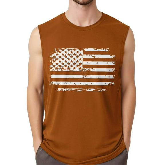 GIPQJK Beach Tank Tops for Men 2025 Usa Flag Scoop Neck Sleeveless Shirts Independence Day Patriotic Muscle Tank Tops,Camel XL