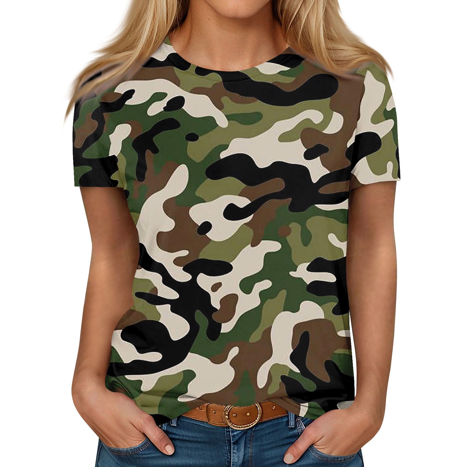 Women's Olive Camouflage Printed Round Neck Cotton Slim Fit T-Shirt