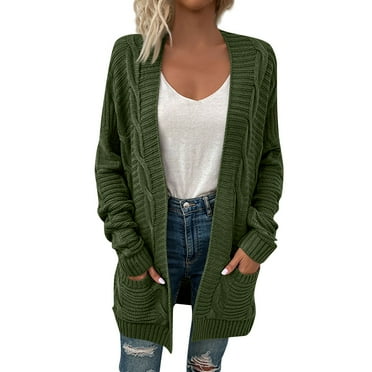 GIPQJK Cardigan Sweaters for Women Lightweight Open Front Chunky Cable Knit Sweaters Long Sleeve Plus Size Cardigan Coat Outwear with Pockets,Army Green M