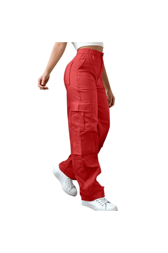 Cargo Pants for Women High Waisted Straight Leg Y2k Streetwear Hiking Pants Lightweight Relaxed Fit Trendy Clothes with Pockets,Red L