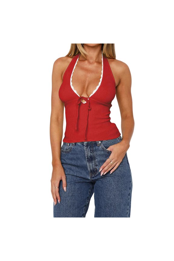 Halter Tops for Women V Neck Backless Summer Sexy Slim Fit Camisole Sleeveless Lace Bow Basic Trendy Going Out Tops,Red M