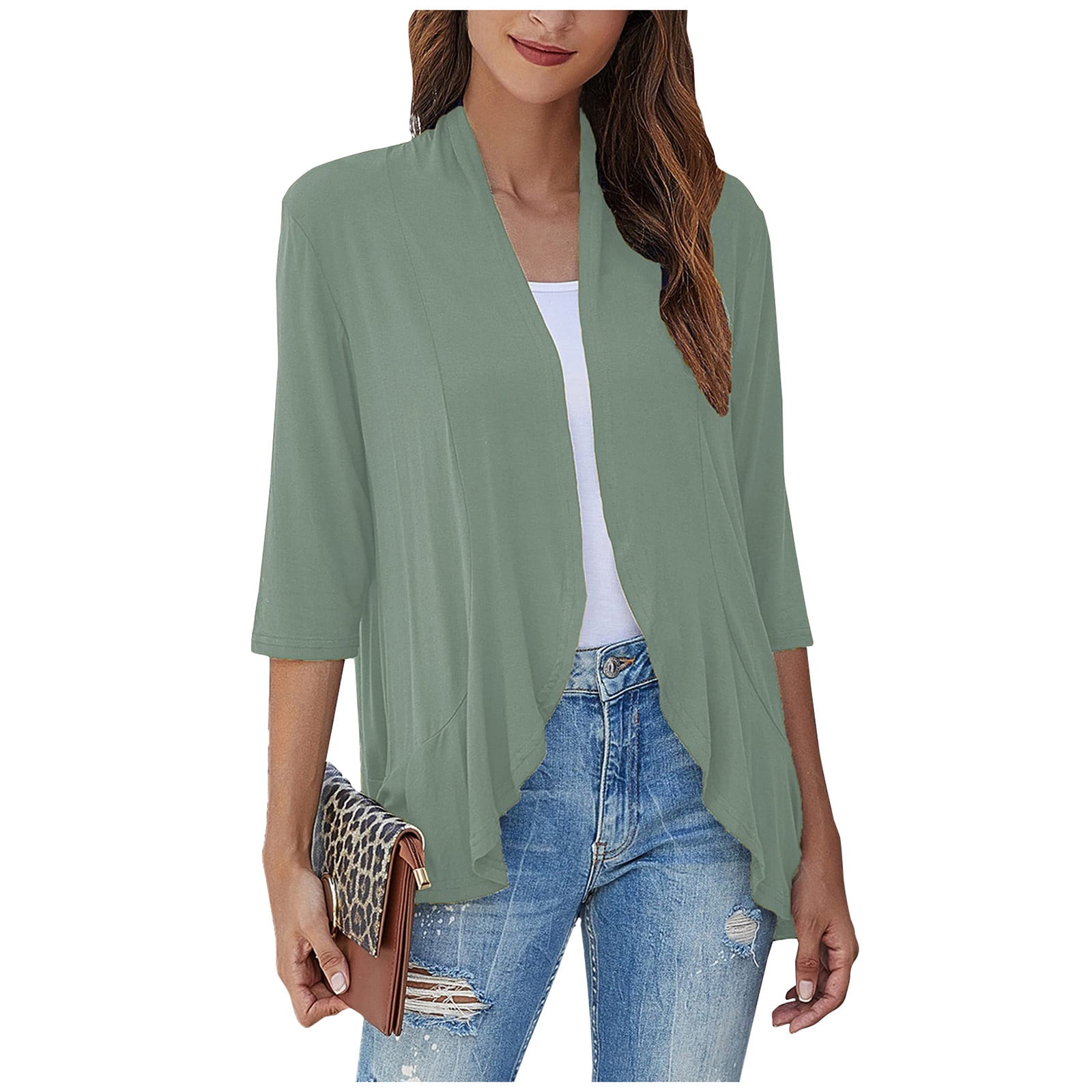 GIPQJK Light Weight Cardigan Women Ruffle 3/4 Sleeve Shrugs for Women ...