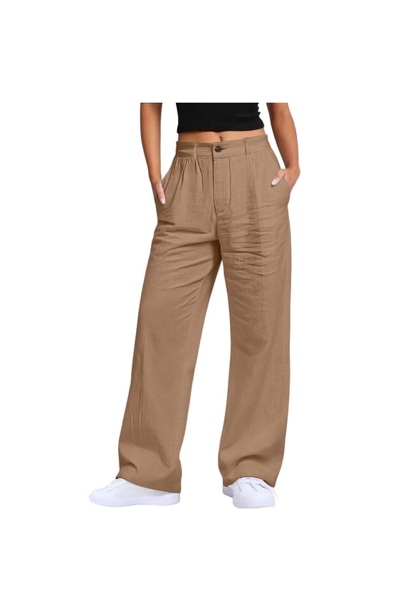 Linen Pants for Women Palazzo High Waisted Casual Work Trousers Straight Leg Button Down Summer Long Trousers with Pockets,Camel XL