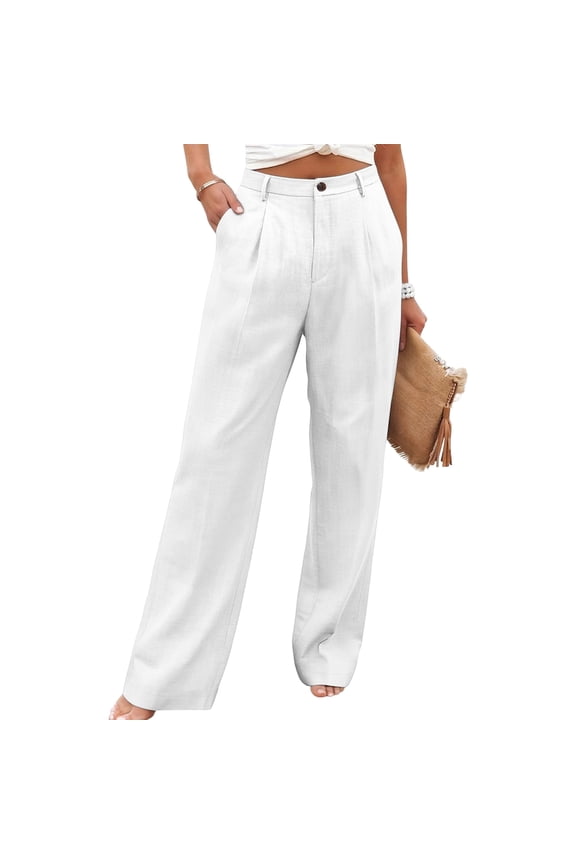 Linen Pants for Women Palazzo High Waisted Lounge Business Pants Slacks Business Button Down Travel Pants with Pockets,White L