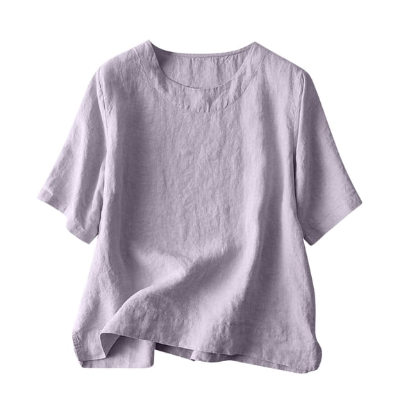 GIPQJK Linen Shirts for Women Summer Bohemian Casual Short Sleeve Tops Crew Neck Gauze Solid Vintage Shirts,Purple 2XL