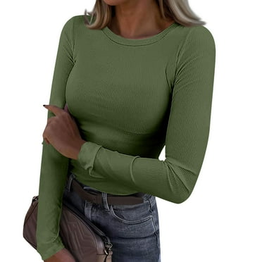 GIPQJK Long Sleeve Tops for Women Crewneck Ribbed Knit Fitted Casual Tops Basic Thermal T-Shirt Trendy Workout Top Fall Clothes,Army Green 3XL