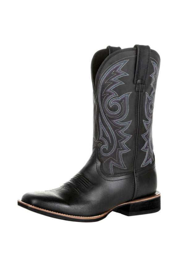 Men's Fashion High Tube Embroidery Retro Leather Boots Men's Wide-head Western Cowboy Boots Middle Tube Thick Boots,Black 41