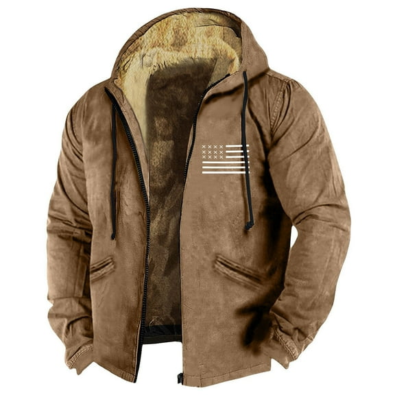 GIPQJK Men's Fleece Jackets Plus Size Sherpa Lined Full Zip Hood 2024 Winter Coats Big and Tall American Flag Print Sherpa Warm Hiking Coat with Pockets,Brown 6XL