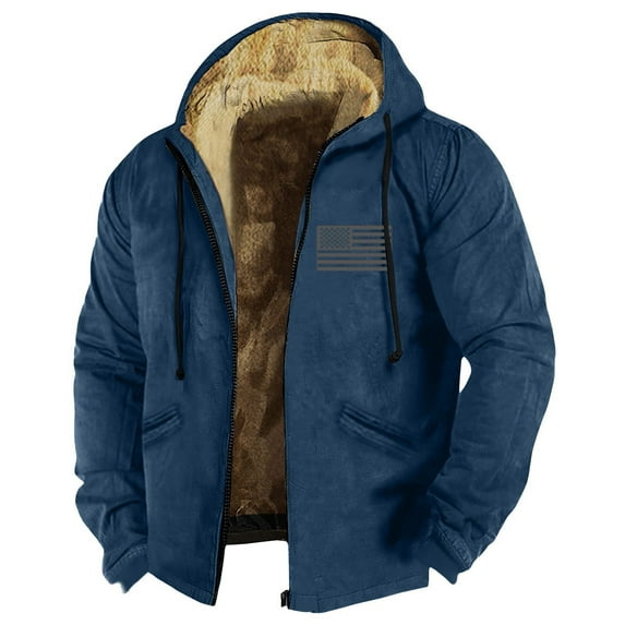 GIPQJK Men's Fleece Jackets Plus Size Sherpa Lined Full Zip Hood 2024 Winter Coats Big and Tall American Flag Print Thickened Fleece Outwear with Pockets,Navy L