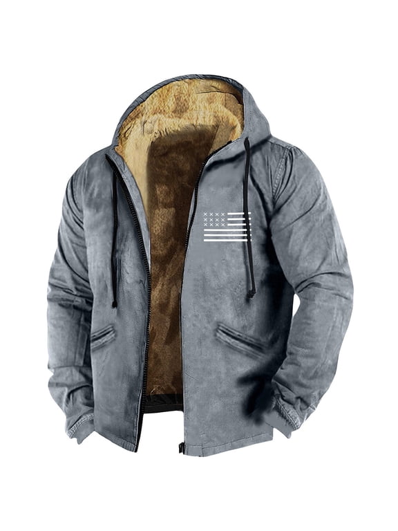 GIPQJK Men's Fleece Jackets Plus Size Thick Sherpa Lined Full Zip Hood 2024 Winter Coats Big and Tall American Flag Print Thickened Fleece Hiking Coat with Pockets,Gray 4XL