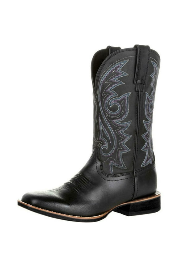 Men's Western Boots with Classic Embroidery: Retro Leather, Wide Calf, and Square Toe Design, Easy Pull-On for Everyday Comfort,Black 42