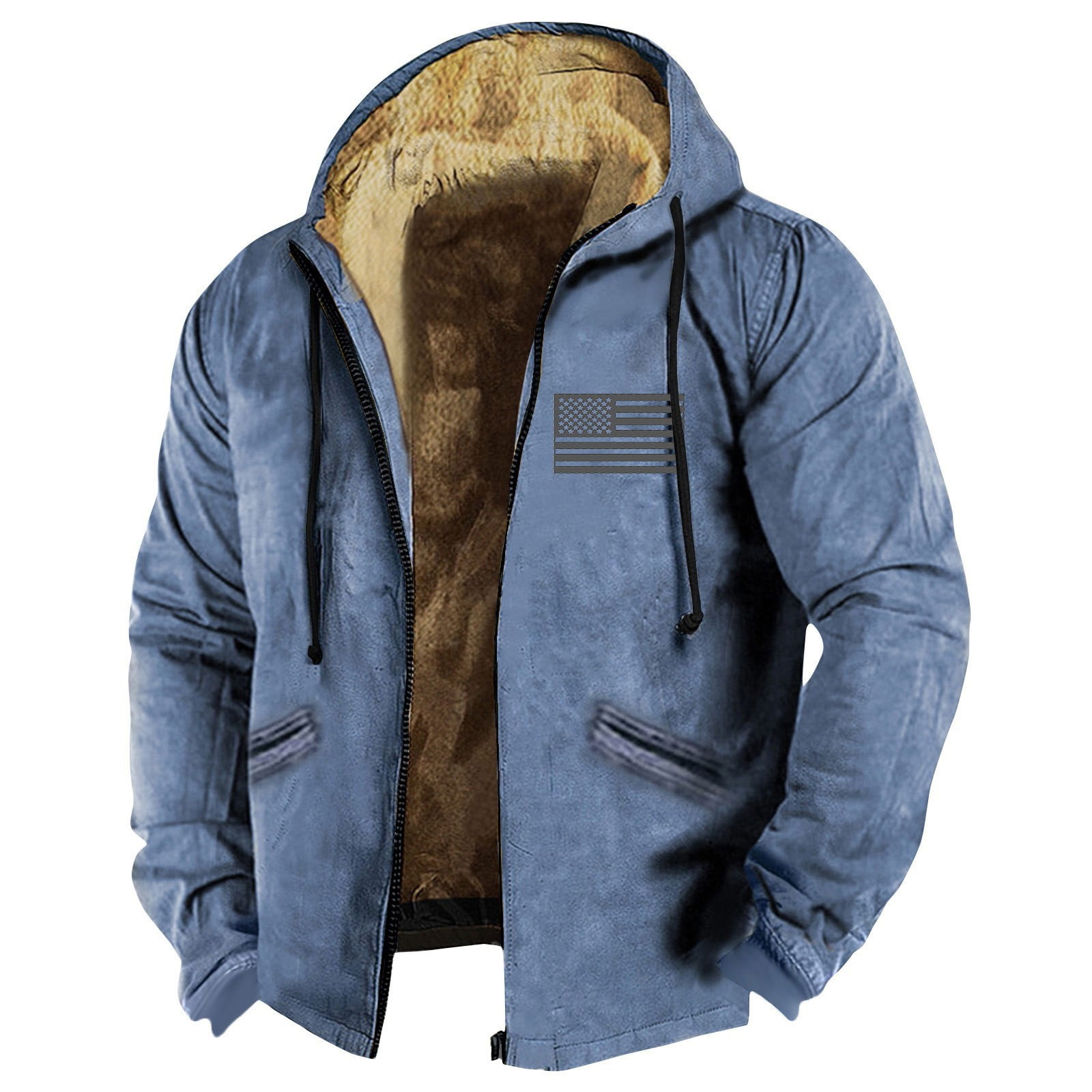 GIPQJK Mens Fleece Lined Jacket Plus Size 6x-7x Thick Sherpa Full Zip Hooded Jackets Big and Tall American Flag Print Fall Winter Hiking Coat for Outdoor,Blue 5XL