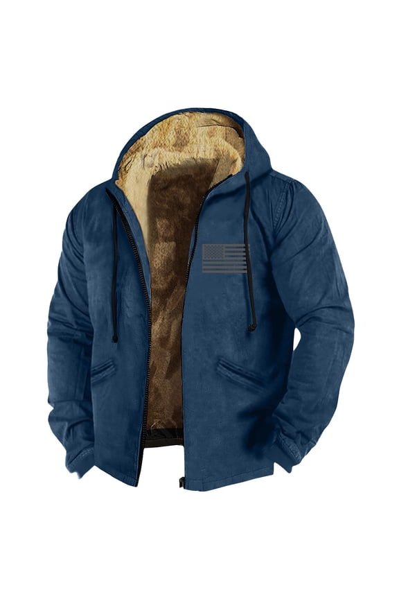 Mens Fleece Jacket Plus Size Thick Sherpa Lined Full Zip Hood 2024 Winter Coats Big and Tall American Flag Print Fall Winter Hiking Coat for Outdoor,Navy 6XL