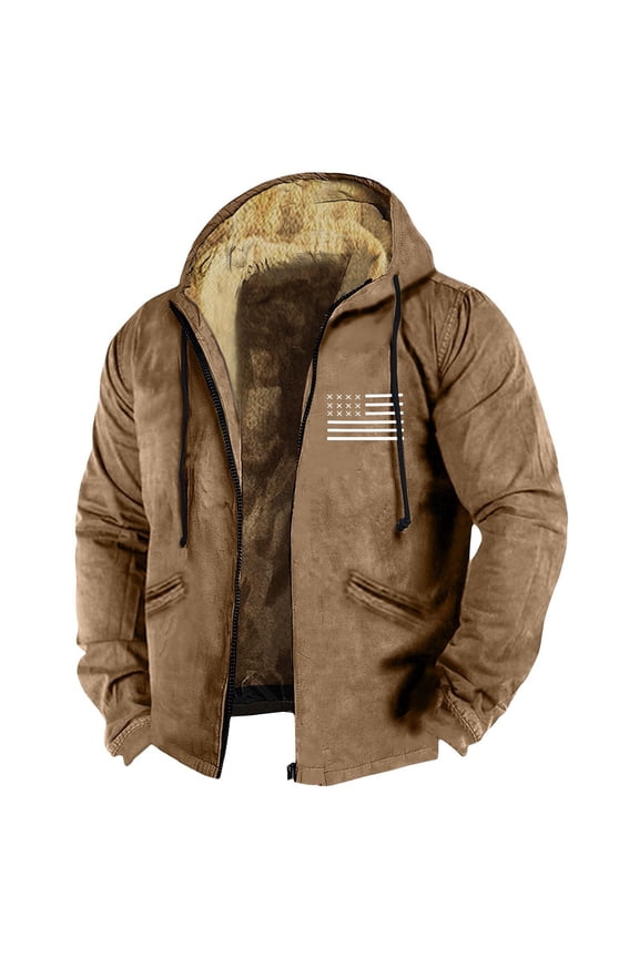 Mens Fleece Jacket Plus Size Sherpa Lined Full Zip Hood 2024 Winter Coats Big and Tall American Flag Print Sherpa Warm Hiking Coat with Pockets,Brown XL