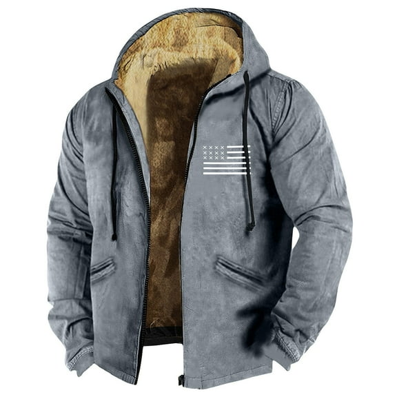 GIPQJK Mens Fleece Lined Jacket Plus Size 6x-7x Sherpa Full-Zip Hoodies Coats Big and Tall American Flag Print Thickened Fleece Outwear for Outdoor,Gray 7XL
