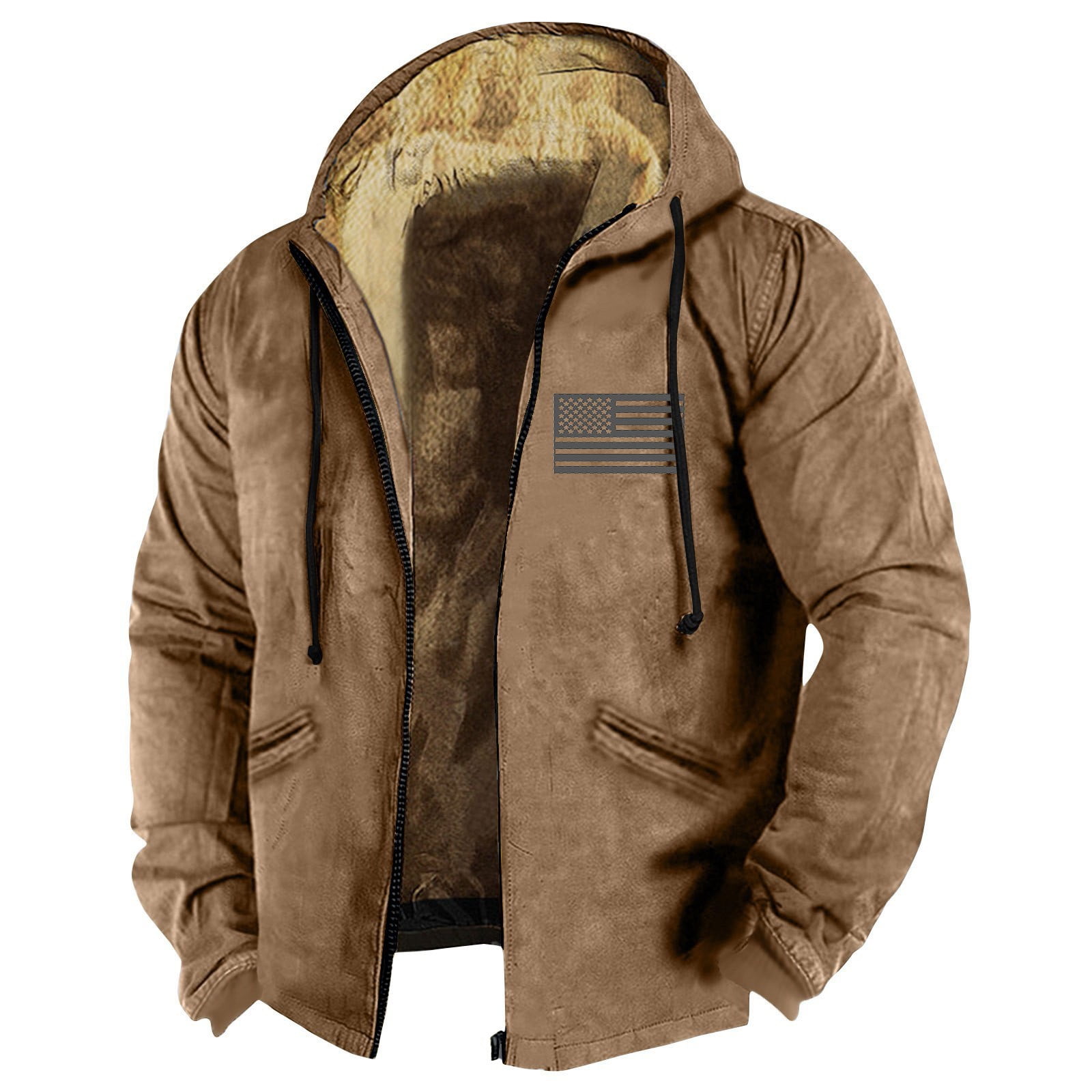 GIPQJK Mens Fleece Lined Jacket Plus Size 6x-7x Sherpa Full-Zip Hoodies Coats Big and Tall Usa Flag Print Thickened Fleece Outwear for Outdoor,Brown 2XL