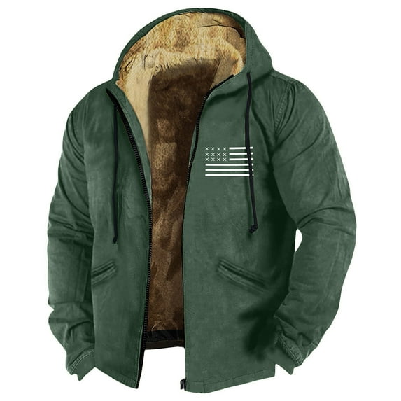 GIPQJK Mens Fleece Lined Jacket Plus Size 6x-7x Thick Sherpa Full Zip Hood 2024 Winter Coats Big and Tall American Flag Print Fall Winter Outwear with Pockets,Dark Green 6XL