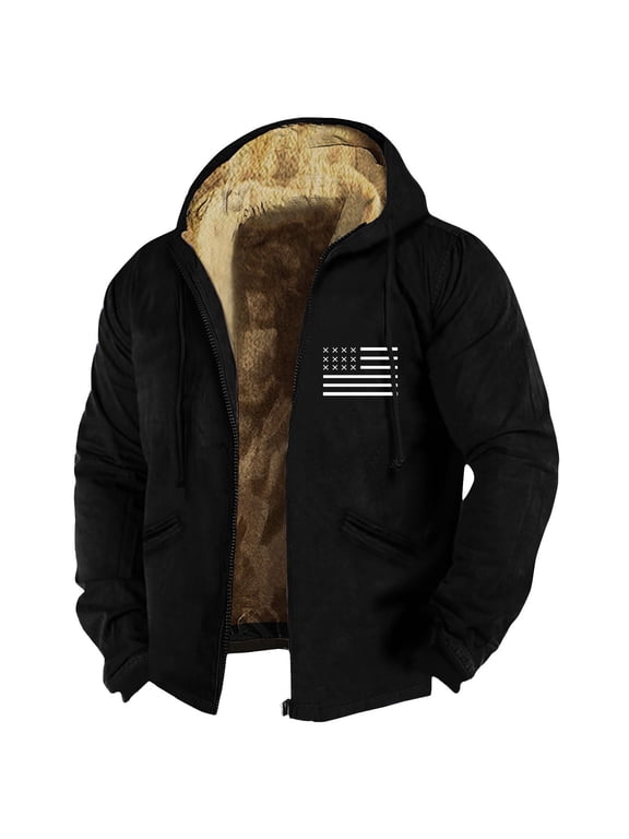 GIPQJK Mens Fleece Lined Jacket Plus Size 6x-7x Thick Sherpa Full-Zip Hood 2024 Winter Coats Big and Tall Usa Flag Print Sherpa Warm Hiking Coat for Outdoor,Black L