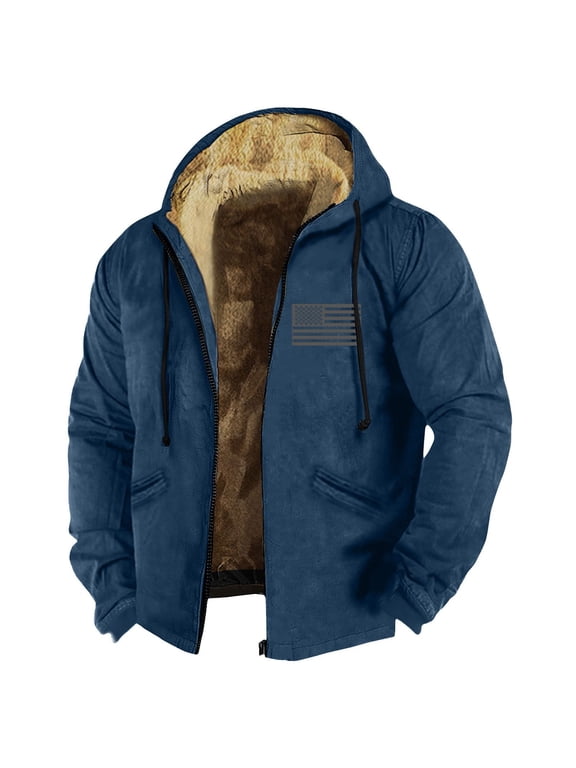 GIPQJK Mens Fleece Lined Jacket Plus Size 6x-7x Thick Sherpa Full Zip Hooded Jackets Big and Tall Usa Flag Print Sherpa Warm Hiking Coat with Pockets,Navy 4XL
