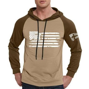 GIPQJK Mens Graphic Hoodies American Flag Print Hooded Sweatshirts Multicolor Panel Pullover Tops 2024 Spring Trendy Usa Flag Design Patriotic Hoodies Sweatshirts with Pockets,Khaki L