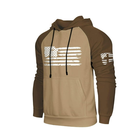 GIPQJK Mens Hoodies 4x-5x American Flag Long Sleeve Hooded Sweatshirts Casual Loose Patriotic Pullover Tops Usa Flag Hoodies Sweatshirts with Pockets,Khaki M