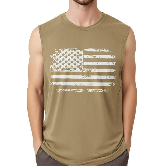 GIPQJK Mens Sleeveless Tee Shirts Usa Flag Patriotic Tank Tops with Independence Day 4th Of July Scoop Neck Muscle Sleeveless Shirts,Khaki S