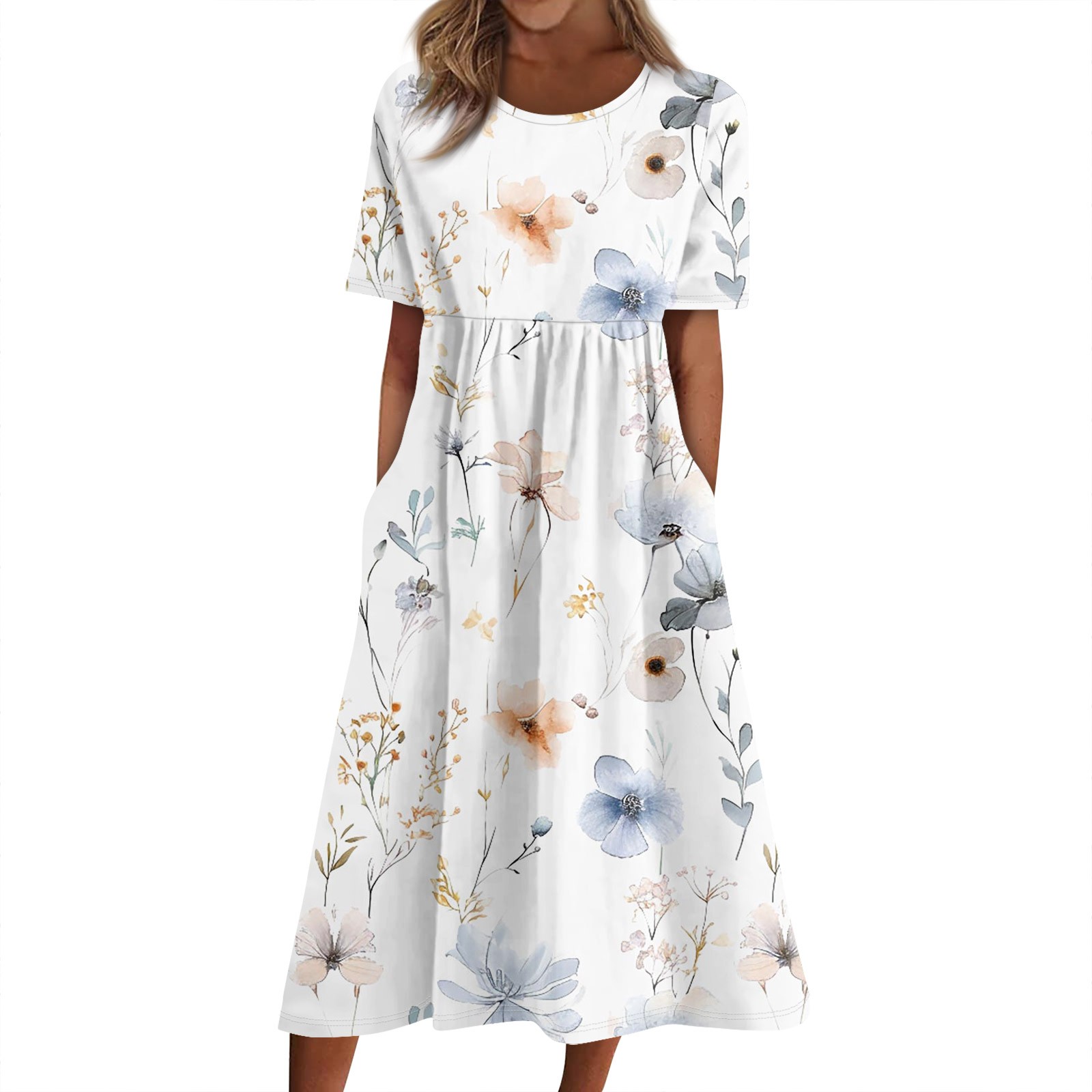 GIPQJK Midi Dresses for Women Casual Loose Scoop Neck Ethnic Floral