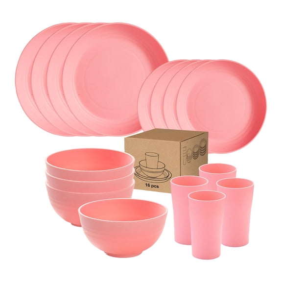 GIPQJK Nordic Pink Dinnerware Set, 16 Piece Wheat Straw Plates Bowls Cups, Unbreakable Eco Friendly Dish Set for Home Kitchen Camping Party Pink