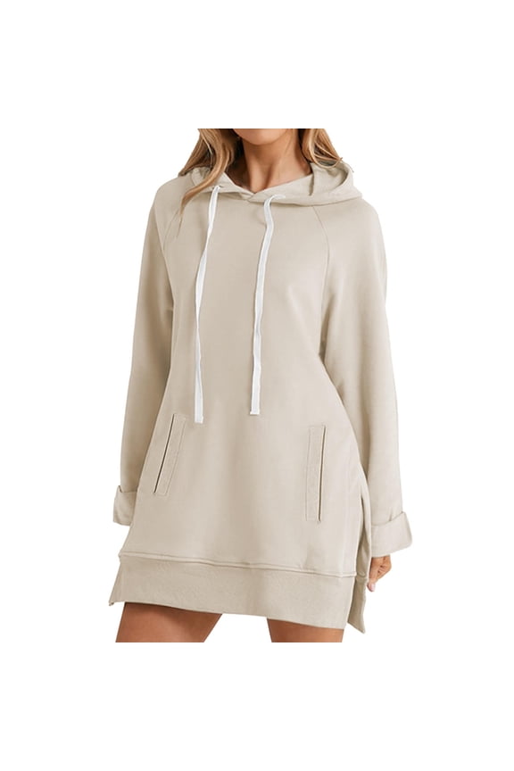 Oversized Dress Hoodies Women Warmy Plus Size Long Sleeve Hoodies Casual Split Hem Drawstring Pullover Sweatshirt Fleece Fashion Pullover with Pockets,Beige 2XL