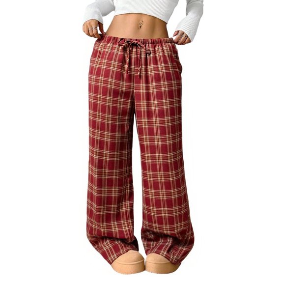 GIPQJK Plaid Baggy Pants Elastic Waist Streetwear Wide Leg Pants Drawstring Vintage Loose Goth Office Trousers with Pockets,Red L