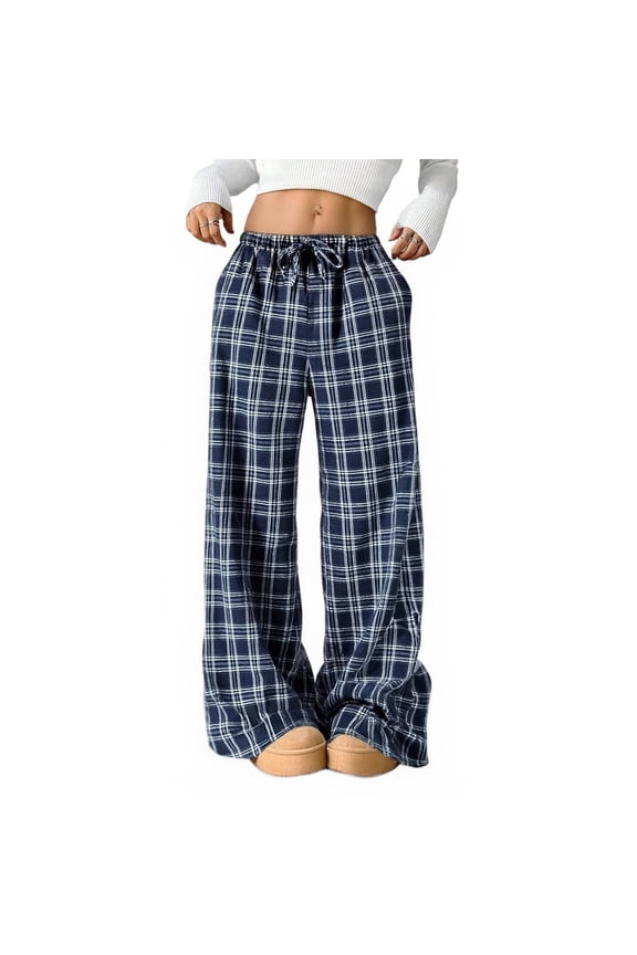 Plaid Baggy Pants High Waisted Grunge Wide Leg Pants Drawstring Vintage Loose Goth Office Trousers with Pockets,Blue 3XL