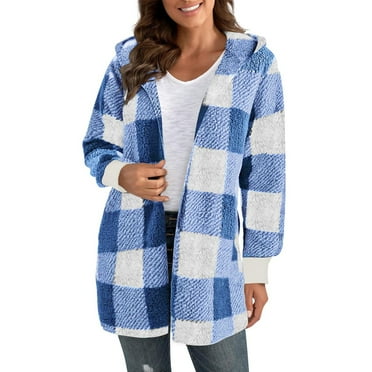 GIPQJK Plaid Jacket for Woman Plus Size Lined Plaid Shacket Jacket Loose Fit Fuzzy Open Front Hooded Overcoat with Pockets,Blue 3XL