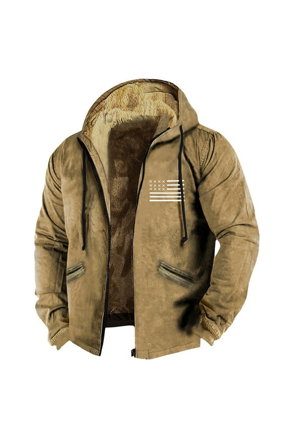 Plus Size Fleece Jacket for Men Sherpa Lined Full-Zip Hood 2024 Winter Coats Big and Tall American Flag Print Fall Winter Hiking Coat with Pockets,Yellow L