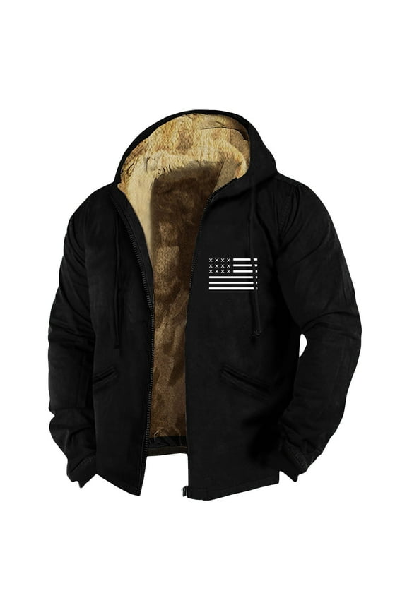 Plus Size Winter Coats for Men 6x-7x American Flag Print Sherpa Lined Hoodies Coats Fall Winter Big and Tall Full Zip Sherpa Warm Hiking Coat with Pockets,Black 5XL