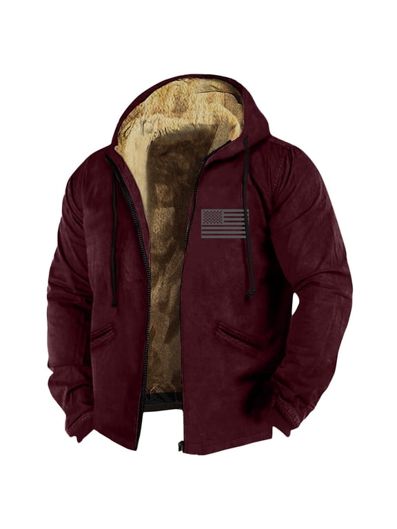 GIPQJK Plus Size Fleece Jacket for Men Thick Sherpa Lined Full Zip Hooded Jackets Big and Tall Usa Flag Print Thickened Fleece Hiking Coat with Pockets,Red 4XL