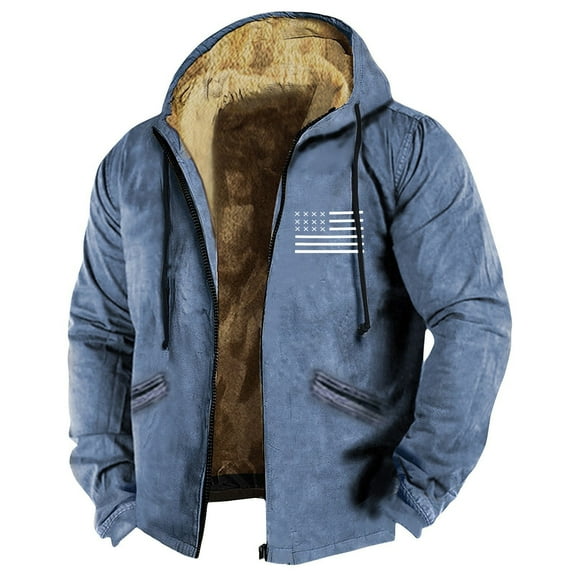 GIPQJK Plus Size Fleece Jacket for Men Sherpa Lined Full Zip Hoodies Coats Big and Tall Usa Flag Print Fall Winter Hiking Coat for Outdoor,Blue M